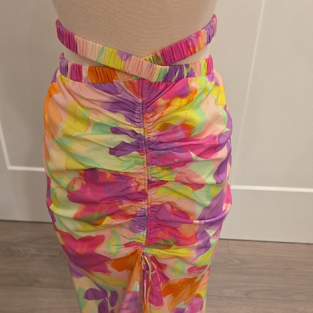For Love And Lemons Pink,Orange,purple print midi ruched Skirt size L  NWTS - Picture 4 of 10